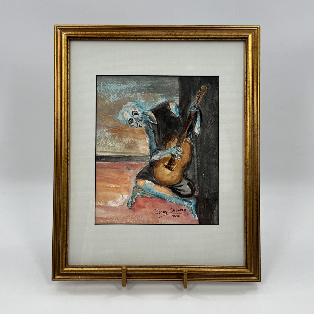 Signed Original Watercolor After Picasso Old Guitarist Framed